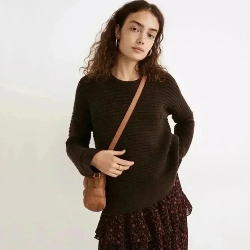 Madewell Elsmere Pullover Crewneck Sweater Size XS Brown Ribbed Wool Blend Soft - Picture 1 of 10